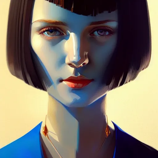 Image similar to woman with dark bobcut haircut with friendly blue eyes and slim features looking happy, futurist style, intricate, elegant gleaming jewelry, angelic halo, highly detailed, digital painting, artstation, concept art, smooth, sharp focus, illustration, art by wlop, mars ravelo and greg rutkowski