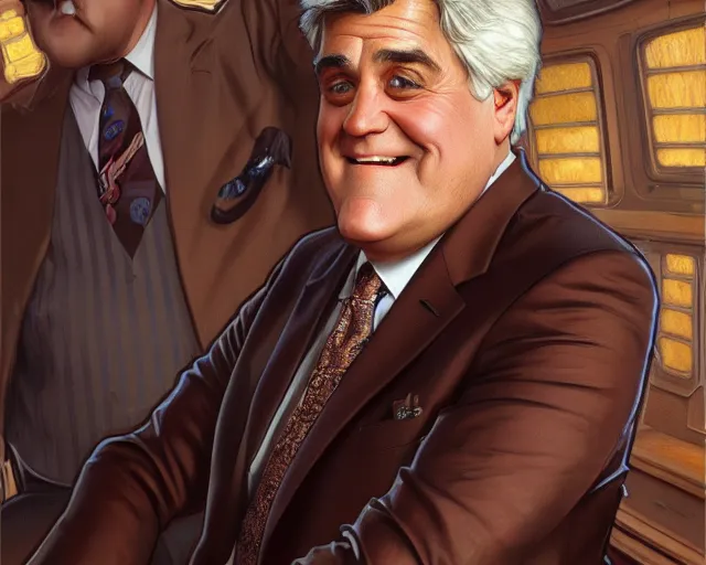 Prompt: close up of jay leno wearing a brown suit and necktie, focus, d & d, intricate, elegant, highly detailed, digital painting, artstation, concept art, matte, sharp focus, illustration, hearthstone, art by artgerm and greg rutkowski and alphonse mucha