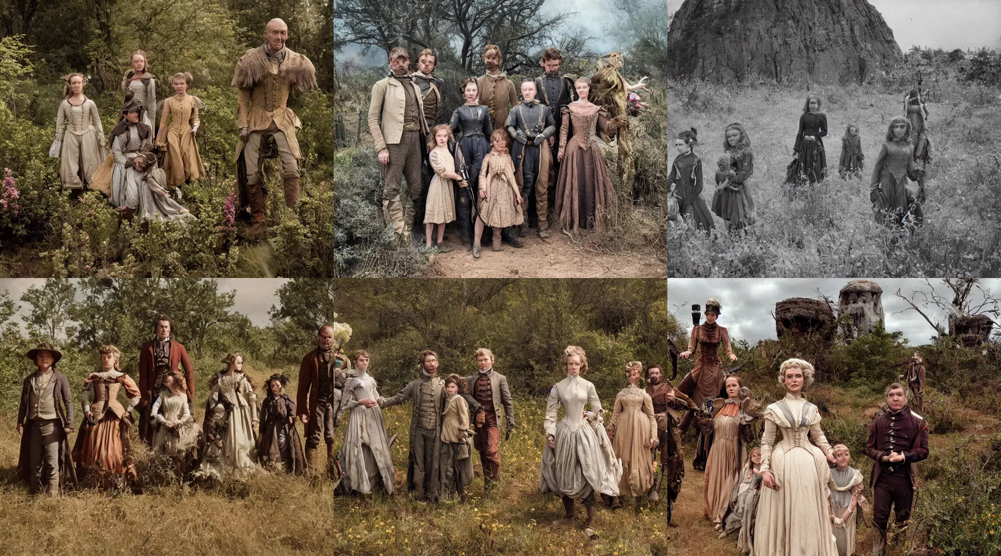 Prompt: 35mm still from a sci fi blockbuster movie made in 2022, set in 1860, of a family of four riding alien creatures, on an alien planet, across the alien landscape that is full of strange wild alien plants and flowers, family are wearing 1850s era clothes, good lighting, 8k, in focus faces, good quality photography, oscar winner