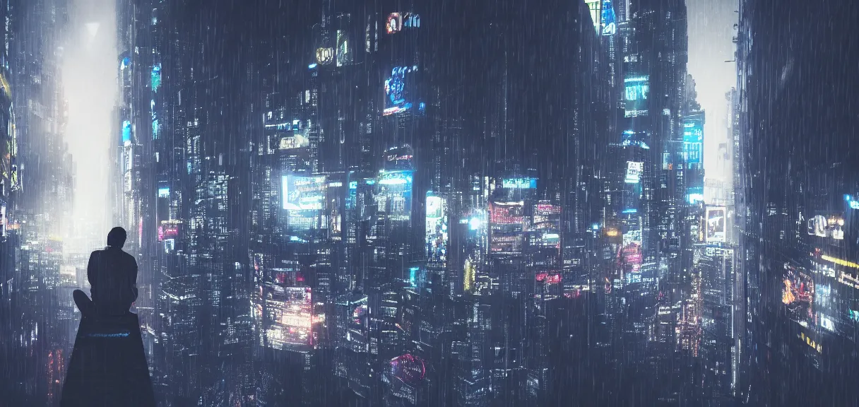 Image similar to shot of the roof with single man sitting on the edge during rain, below impressive cyberpunk night city during great rainy storm with lightning, nightscape, futuristic architecture, realistic photo, neons, blade runner, akira style, cinematic lighting, cinematic angles