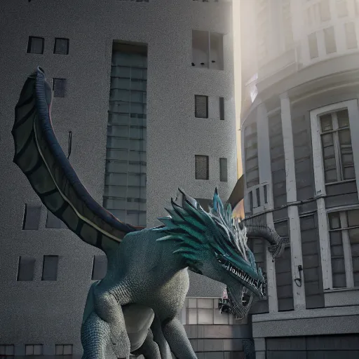 Image similar to high quality realistic render of a giant female anthropomorphic dragon; leaning against a building with an elegant pose, in the city, 3D render, 8k HD, Deviantart, Furaffinity