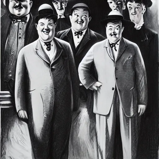 Prompt: Laurel and Hardy in hats are standing, looking into the distance. the man in the centre is facing the front, looking downwards at his stomach by Frank Kelly Freas