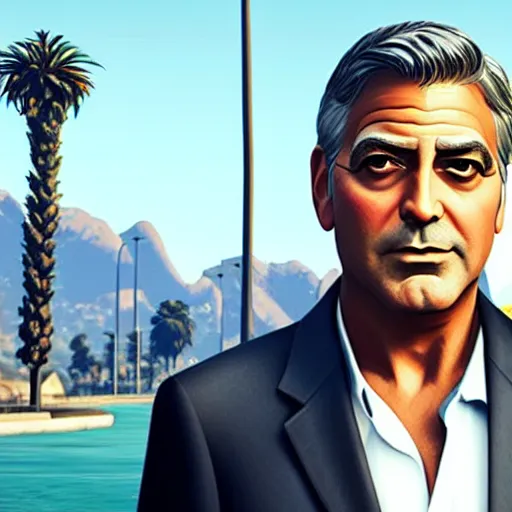 Image similar to george clooney in gta v. los santos in background, shallow depth of field, palm trees in the art style of stephen bliss