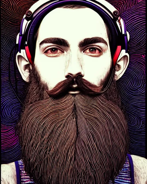 Prompt: detailed hipster skinny man wearing htc vive headset, long vibrant beard, dmt, by james gurney + intricate and vibrant work + portrait + trending on artstation + incredible gothic illustration + exquisite detail