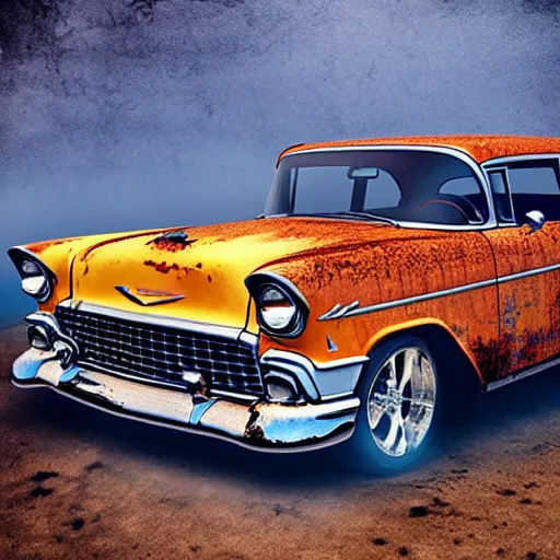 Prompt: Abandoned 1955 Chevy Bel Air, Underwater, Orange Hue, Realistic, 4k