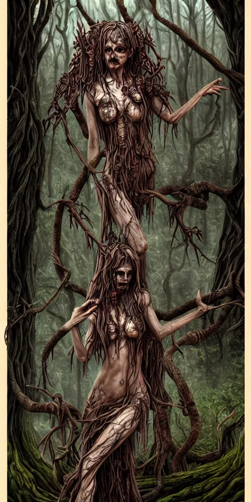 Image similar to dryads, bark skin, detailed fantasy art, dark blood horror, forest of the dead, foul spirits