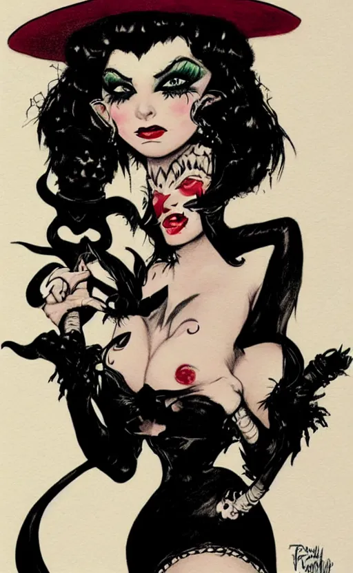 Image similar to of a witch girl burlesque psychobilly punk, detailed face, black hair, white background, drawing, illustration by frank frazetta