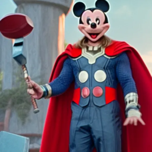 Image similar to Film still of Mickey Mouse as Thor, holding his Mjolnir