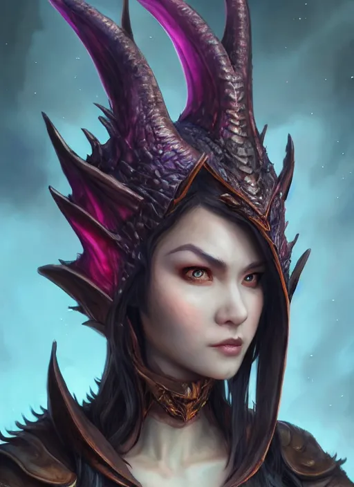 Image similar to epic dragon warlock female character design, highly detailed, glossy eyes, d & d, fantasy, highly detailed, digital painting, trending on artstation, concept art, sharp focus, holographic undertones, illustration, global illumination, ray tracing, realistic shaded, art by artgerm and greg rutkowski and fuji choko and viktoria gavrilenko and hoang lap