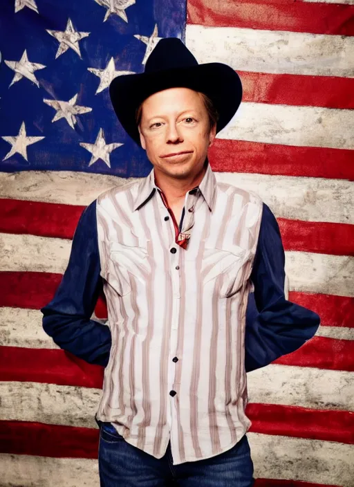 Image similar to election portrait of brock pierce, american flag on background, cowboy style.