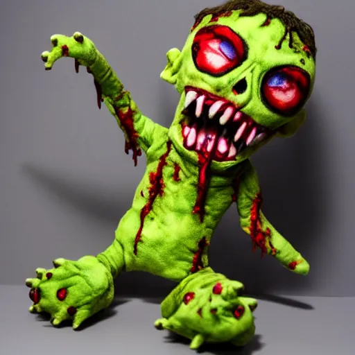 Image similar to a zombie plush. beautifully made, detailed, cute, soft. high quality, studio lighting, product image