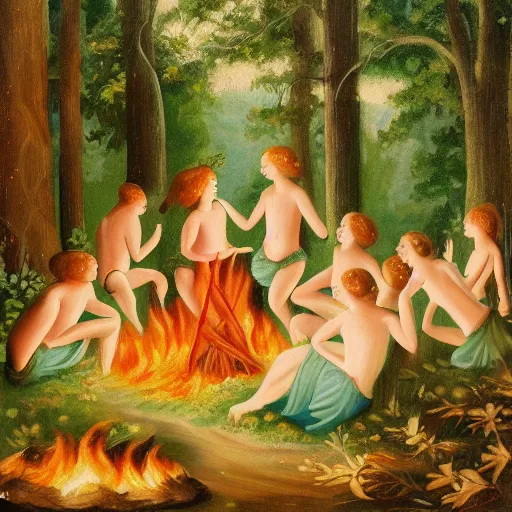 Image similar to painting of nymphs dancing around a campfire in the middle of the forest, happy, playful, joyful