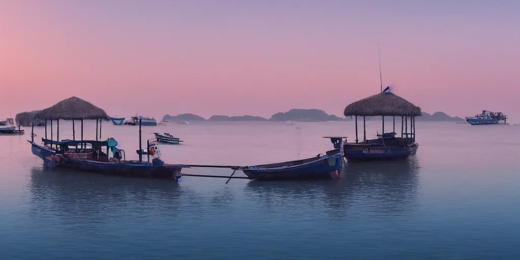 Image similar to pulau indah jetty, boat in foreground, near a fishing town, early morning, detailed matte painting, low angle view, telephoto lens, bokeh, studio ghibli, artstation