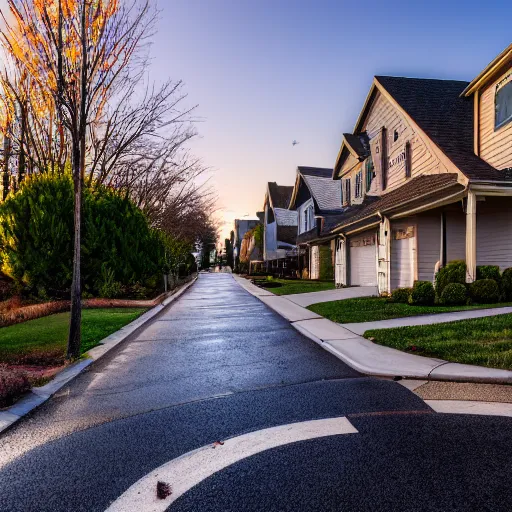 Prompt: photo of a suburban American neighbourhood with the roads and pavements made of pure gold, 4k UHD, 35mm f/5.0 H 576