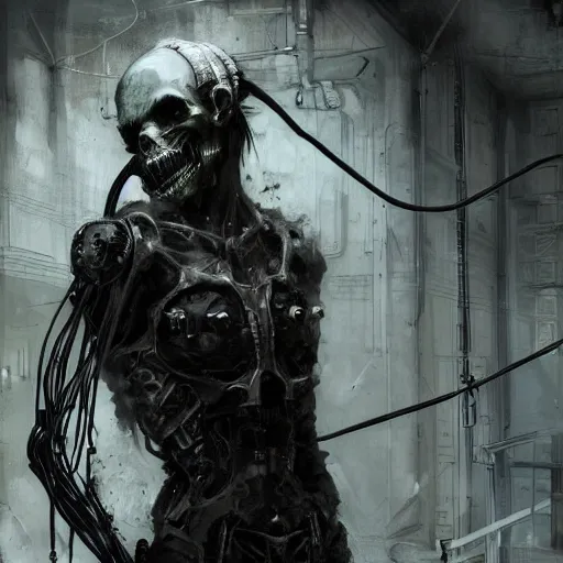 Image similar to in a dark room, a cybergoth hacker, skulls, wires cybernetic implants, machine noir grimcore, in the style of emil melmoth zdzislaw belsinki craig mullins yoji shinkawa realistic render ominous detailed photo atmospheric