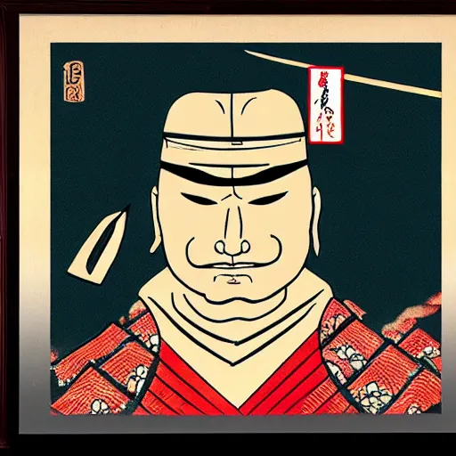Image similar to donald trump dressed as a samurai holding a katana in a japanese edo period ink block painting, 4 k, hyper realistic, dslr, high resolution, landscape, beautiful