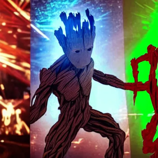 Image similar to groot and optimus prime dancing at techno party among people, wide shoot, after effect, ultra realistic