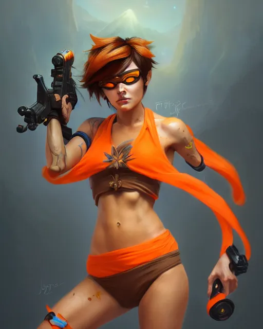 Prompt: play of the game of tracer wearing orange bikini, perfect face, brown hair, abs, cinematic, stunning, cute, adorable, strong, highly detailed, psychedelic, digital painting, artstation, smooth, hard focus, illustration, art by jessica rossier and and brian froud