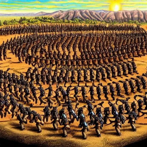 Image similar to the 5 0 0 undefeatable spartans clashing in a deep valley against the vast armies of the middle east while a solar eclispe is occuring