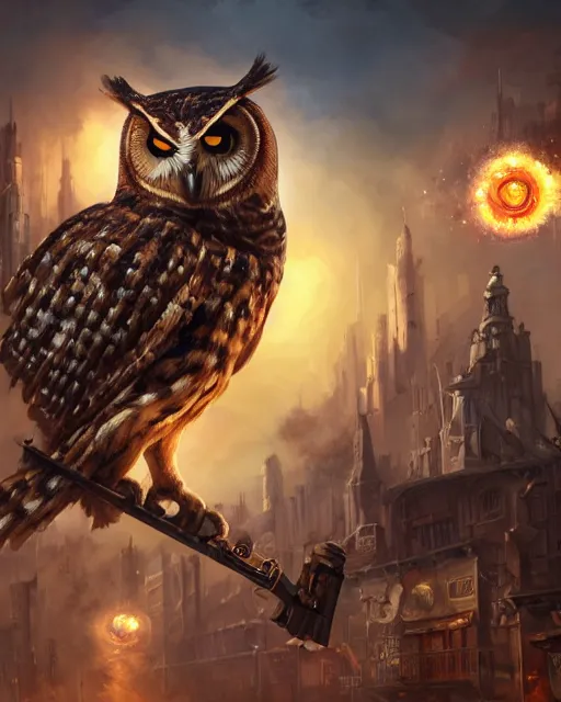 Prompt: oil painting of Owl Soldier holding steampunk gun, sharp focus, exploding golden steampunk city background, full body, heroic pose, fantasy style, octane render, volumetric lighting, 8k high definition, by greg rutkowski, highly detailed, trending on art Station, magic the gathering artwork, centered, dramatic artwork, combat scene