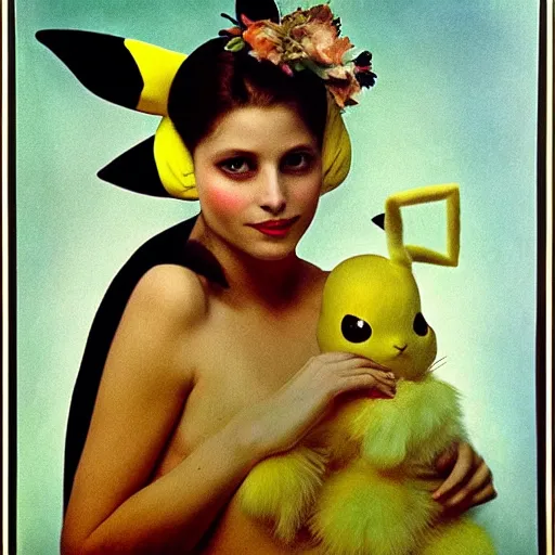 Image similar to elegant woman dressed up as pikachu, art photo by Annie Liebovitz and Alphonse Mucha