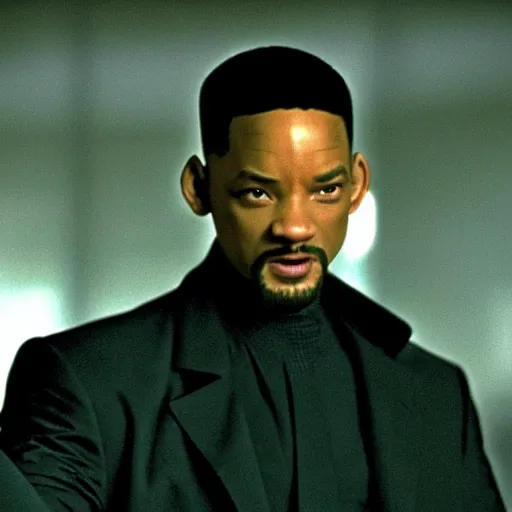 Image similar to Will Smith as Neo In The Matrix, film still, grainy, hd