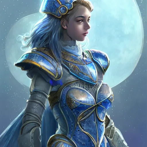 Prompt: portrait knights of Zodiac girl, white and metalic blue color reflected armor, in ruined Agora of Athens Moon night and firefly and star sparkles, ssci-fi, fantasy, intricate, very very beautiful, elegant, golden light, highly detailed, digital painting, artstation, concept art, smooth, sharp focus, illustration, art by tian zi and WLOP and alphonse mucha