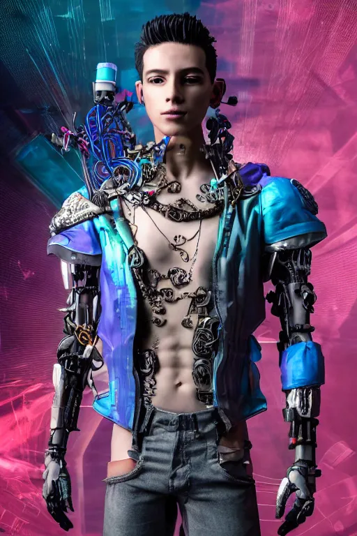 Image similar to full-body cyberpunk style sculpture of a young handsome Colombian prince half android with a chest opening exposing circuitry and electric sparks, glowing pink eyes, crown of blue flowers, flowing salmon-colored silk, fabric, raptors. baroque elements. full-length view. baroque element. intricate artwork by caravaggio. many many birds birds on background. Trending on artstation, octane render, cinematic lighting from the right, hyper realism, octane render, 8k, depth of field, 3D