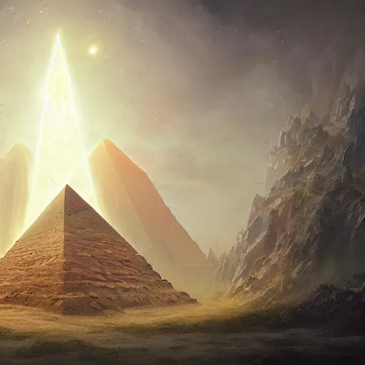 Image similar to ultradetailed pyramid structure emitting an energy beam into the atmosphere by peter mohrbacher and emmanuel shiu and martin johnson heade and bastien lecouffe - deharme