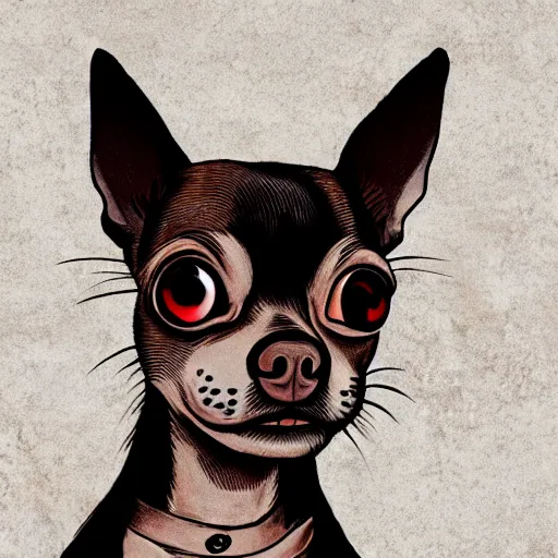 Image similar to a dark brown chihuahua, hyper detailed, in the style of junji ito and berserk, selfie