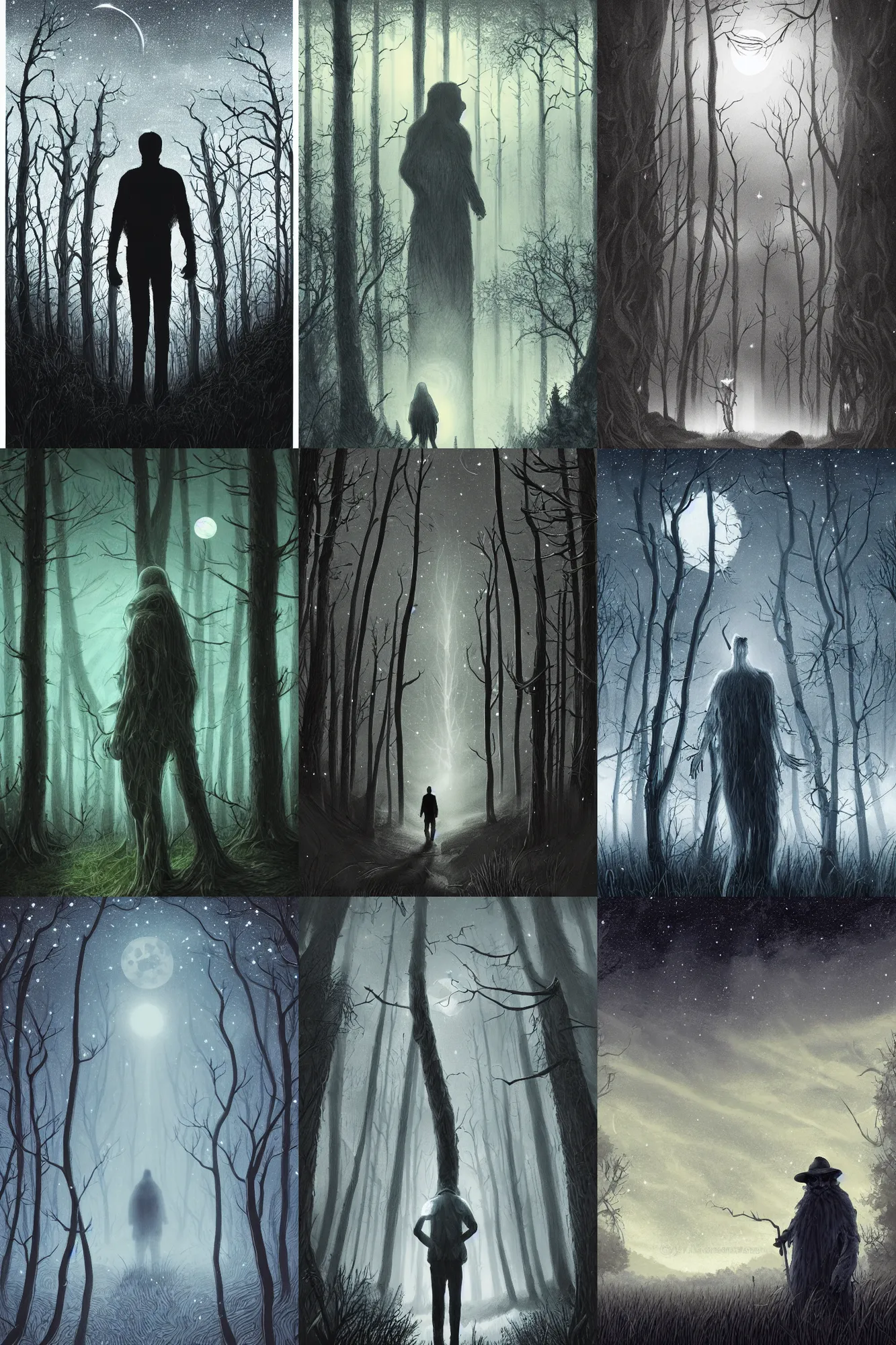 Prompt: hyper detailed character portrait of a ghostly figure standing in the forest plains of north yorkshire, a clear night, sky full of stars, moon in the sky, moonlight, moonlight god rays, sharp focus, illustration, concept art,