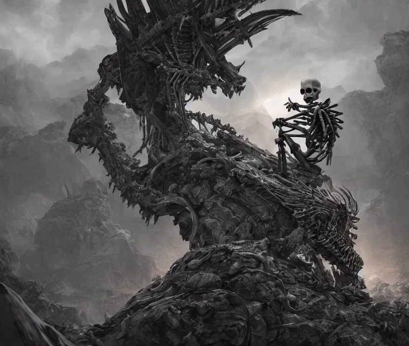 Prompt: a singular skeleton king sitting on a dark throne on the top of a mount of bones, digital art, trending on DeviantArt, highly detailed, high quality, 8K HDR, octane render, unreal engine 5, raytracing, cinematic lighting, concept art, dramatic environment, hyperrealistic