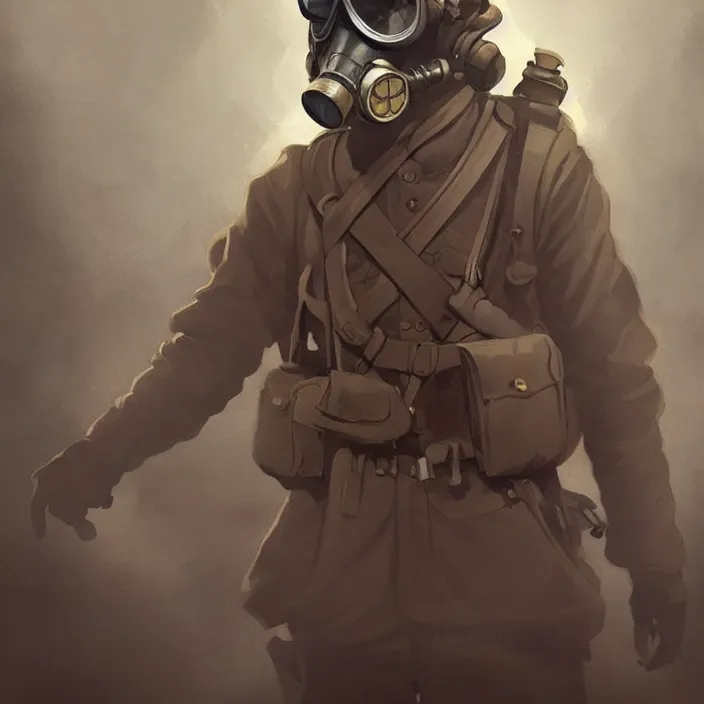 Prompt: ww 1 german soldier with gas mask running towards us, dark mood, epic lighting, in the style of artgerm and charlie bowater and atey ghailan and mike mignola, vibrant colors and hard shadows and strong rim light, comic cover art, plain background, trending on artstation
