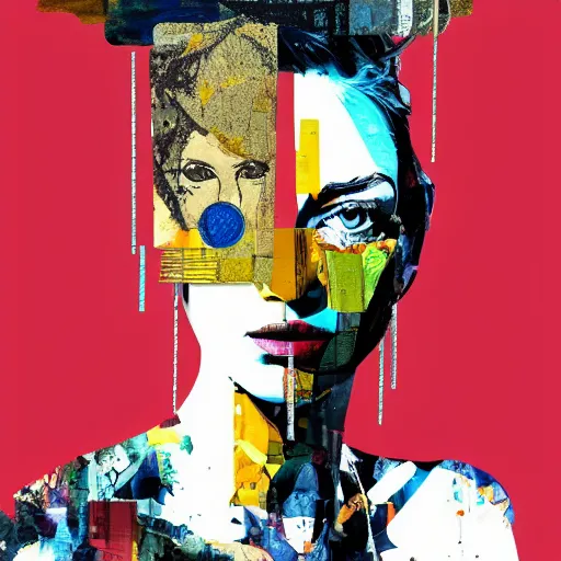 Prompt: Roman contemporary Goddess, collage, minimal style, digital painting, 4k, HDR, punk, fashion, smooth, sharp focus, art by Sandra Chevrier, John Hoyland, teamLab