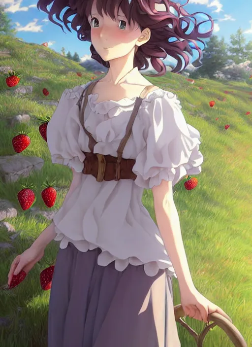 Prompt: Painting of a cottagecore witch with poofy curly strawberry hair in the style of Violet Evergarden, beautiful anime art style, winged eyelashes, countryside, calm, fantasy character portrait, dark outlines, dynamic pose, above view, sunny day, artwork by Makoto Shinkai, very coherent asymmetrical artwork, sharp edges, perfect face, simple form, 100mm