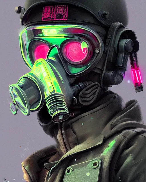 Image similar to detailed portrait neon female swat officer, cyberpunk futuristic, neon, gas mask, reflective puffy coat, decorated with traditional japanese by ismail inceoglu dragan bibin hans thoma greg rutkowski alexandros pyromallis nekro rene margitte, fire & smoke, illustrated, perfect face, fine details, realistic shaded, fine - face, pretty face