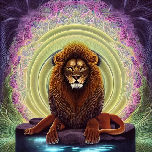 Image similar to an anthromorphic lion meditating in a zen garden with a waterfall under the blood moon, by Adi granov and afarin sajedi and amanda sage and evgeni gordiets and Agostino Arrivabene and adonna khare in a psychedelic portrait style, ultrarealistic matte painting, volumetric lighting, fractal, extremely symmetrical, highly detailed face, orisha, 8k, hd