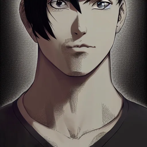 Prompt: Anime portrait of a man by Artgerm, he is about 30 years old, short black hair with bangs, his features are a mix between French, Turkish and Russian and he is wearing a beige and black utility jumpsuit, highly detailed portrait, digital painting, artstation, concept art, smooth, sharp foccus ilustration, Artstation HQ