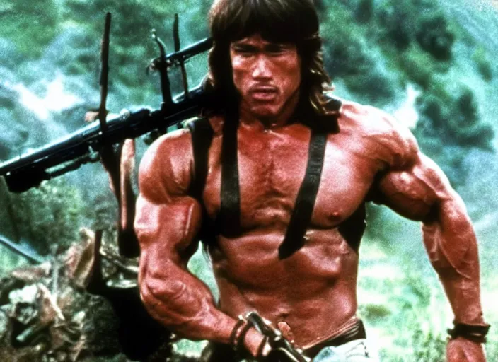 Image similar to arnold schwarzenegger in a still from the movie Rambo (1982)