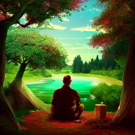 Image similar to featured on artstation walter white sitting under a cherry tree overlooking valley waterfall sunset beautiful image stylized digital art