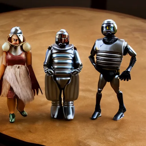 Image similar to a detailed photo of the characters from spaceballs as action figures, macro photography, zoom, table