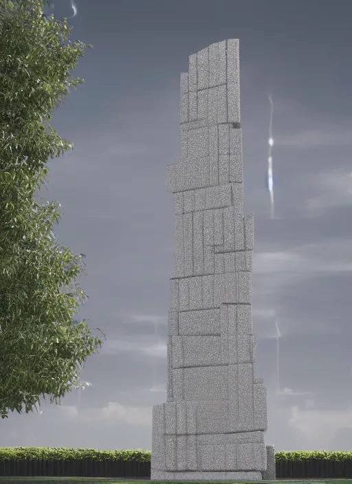 Image similar to highly detailed realistic architecture 3 d render of a futurisctic stele made from silver bars standing in a city park, archdaily, made in unreal engine 4 octane render