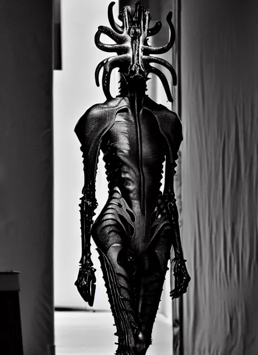 Prompt: walking down the catwalk, steven klein, show, stage, vogue photo, podium, fashion show photo, iris van herpen, beautiful woman, full body shot, helmet on face, masterpiece, plant predator, giger, guyver, jellyfish, biomechanical details, movie still, fauvism, cinestill, bokeh, gelios lens