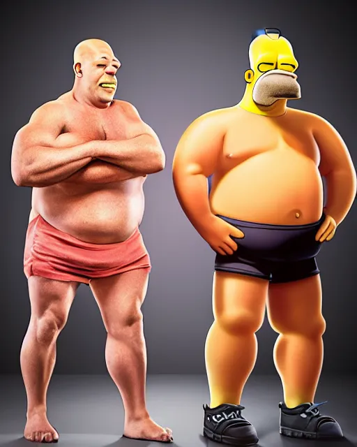 Prompt: photograph of Homer Simpson and Bart Simpson try bodybuilding, photorealistic in the style of Annie Leibovitz, Studio Lighting