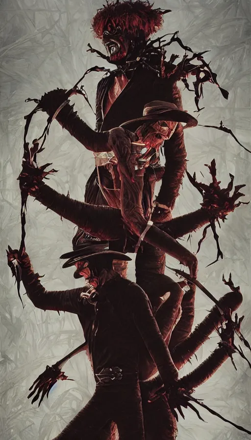 Prompt: the final battle between freddy krueger and edward scissorhands, wrath, revenge, anger, rage, lacerations, intricate, highly detailed, digital painting, artstation, symmetrical, concept art, smooth, sharp focus, illustration, unreal engine 5, 8 k, art by artgerm and greg rutkowski and alphonse mucha