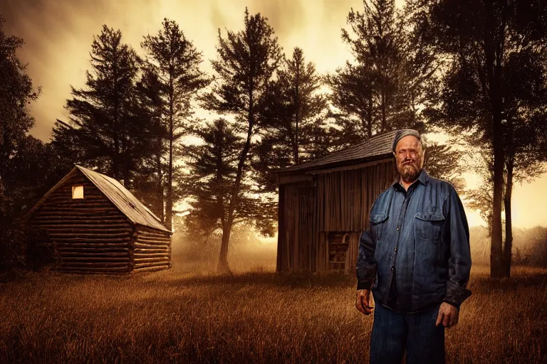 Prompt: a cinematic headshot portrait of a farmer, stood outside a wooden cabin, ultra realistic, dramatic lighting, by mike campau and annie leibovitz