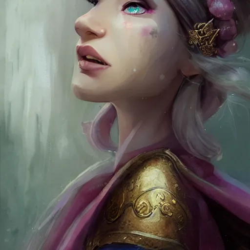 Image similar to beautiful princess, in love, happy, wearing princess medieval robe, wearing a tiara, WLOP, artgerm, Jason Chan, Charlie Bowater, Sergey Kolesov, medieval, fantasy d&d, watercolor on paper, hyper detail portrait, closeup on face, dark pastel castle background