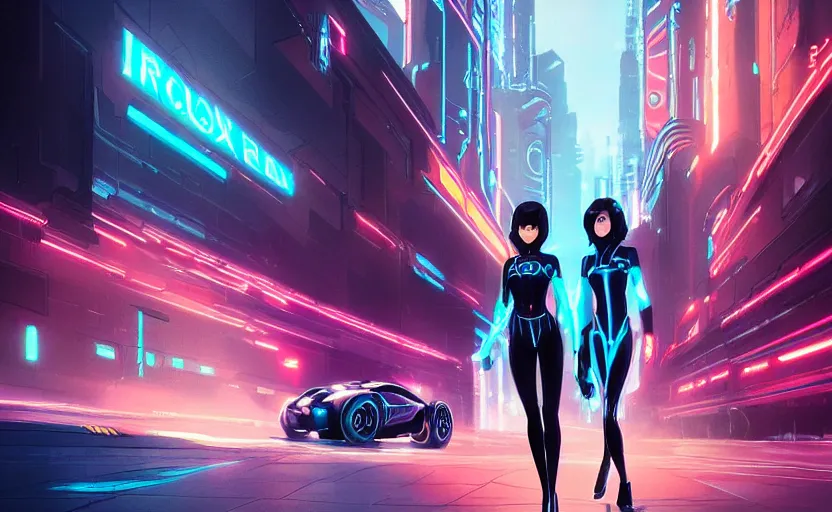 Prompt: tron legacy scenery of a woman in a neon blue matte black outfit, full shot, atmospheric lighting, detailed faces, by makoto shinkai, stanley artgerm lau, wlop, rossdraws