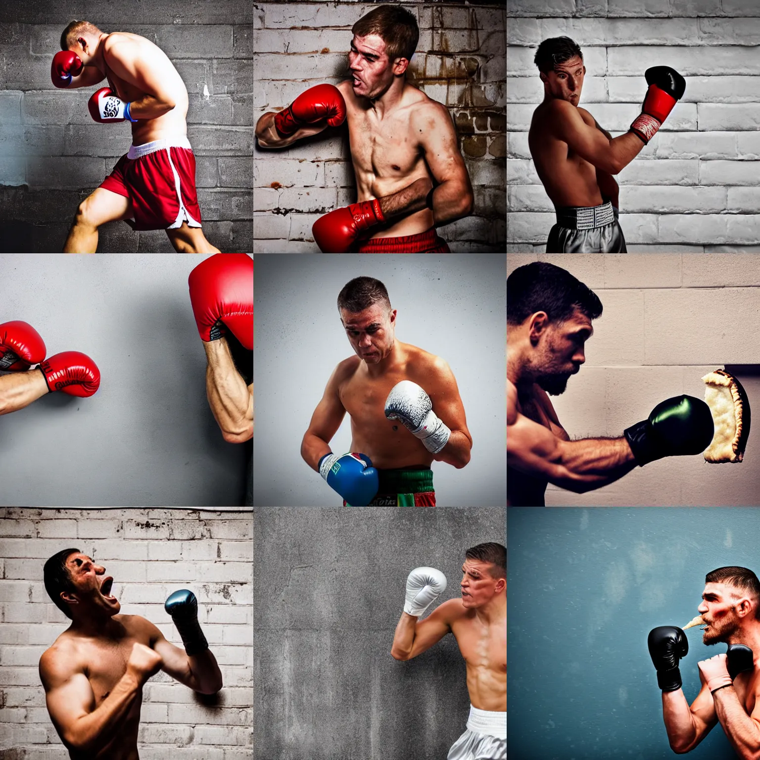 Prompt: boxer punching a pie against the wall