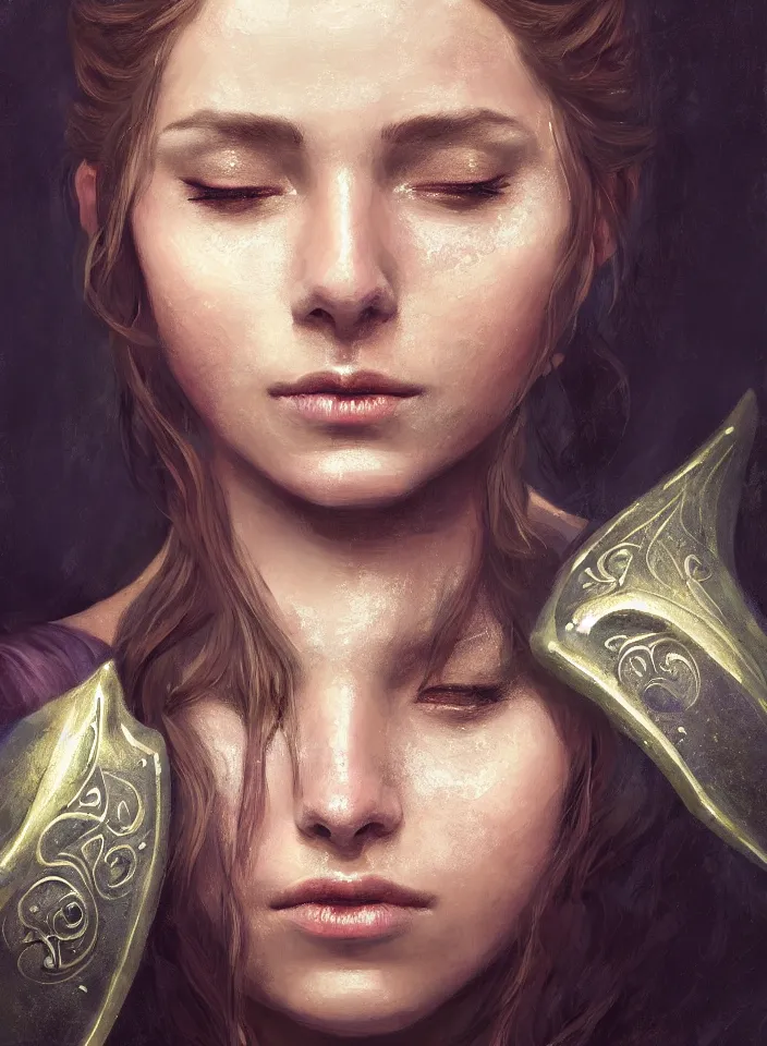 Prompt: a face portrait of a beautiful girl as a bard from skyrim, fantasy setting, beautiful face, serene colors, soft lighting, atmospheric, cinematic, moody, in the style of diego koi, gina heyer, luiz escanuela, art by alyssa monk, hyperrealism, rule of thirds, golden ratio, oil on canvas, 8 k
